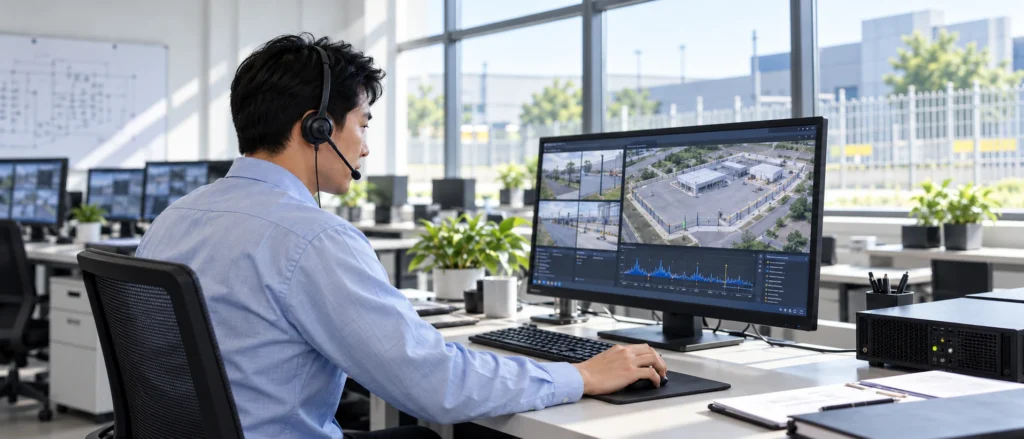 Engineer providing remote technical support for perimeter security systems
