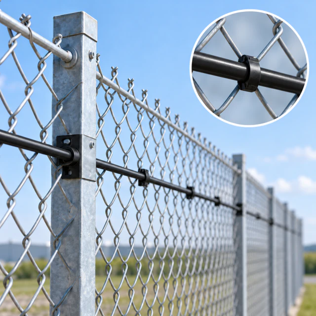 Illustration of black fiber optic sensing cable mounted on a mesh fence