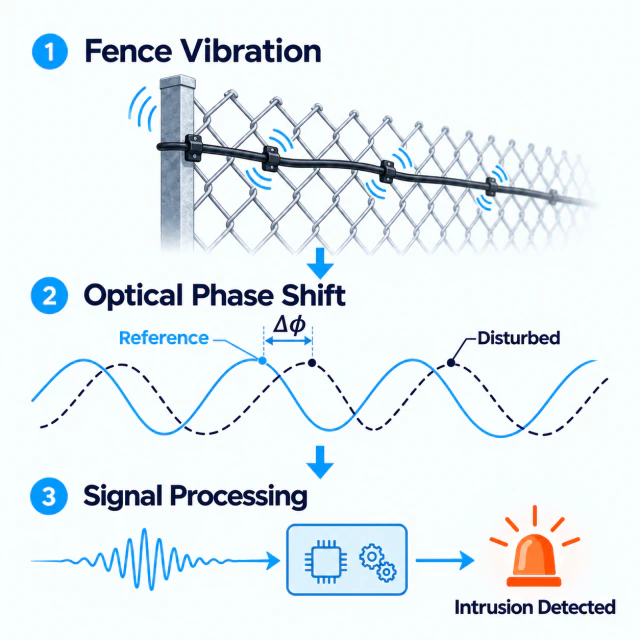 Illustration of fence vibration, optical phase shift and signal processing for intrusion detection