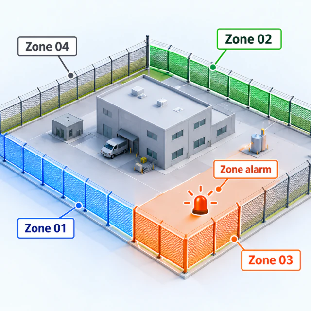 Illustration of perimeter Zones 01, 02, 03 and 04 with a Zone 03 alarm