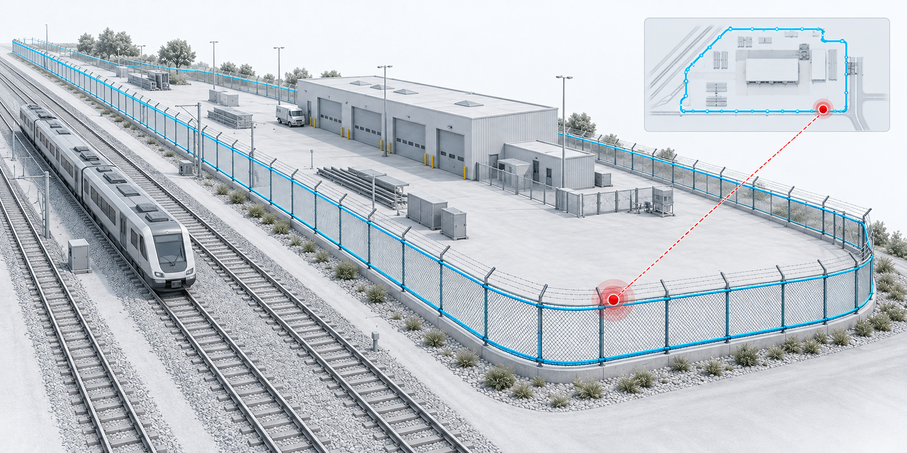 Concept illustration of fiber-optic perimeter monitoring and an alarm location beside a railway depot