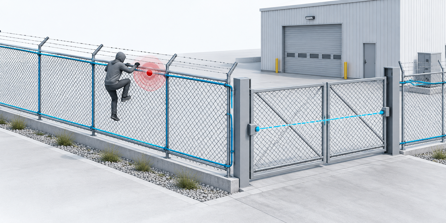 Concept illustration of fiber-optic fence monitoring and beam detection at an access gate