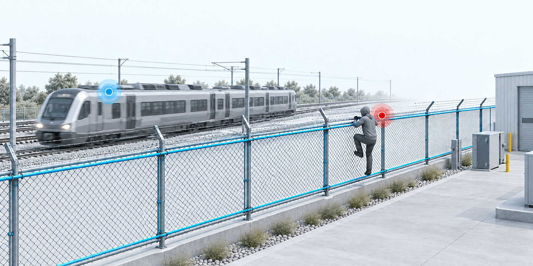Concept illustration of a passing train and a fence-climbing event with distinct event markers