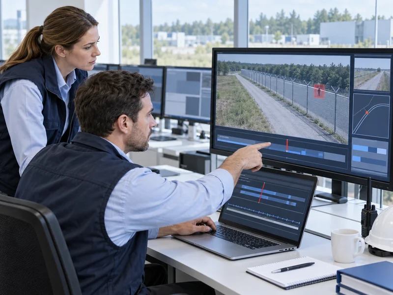 Illustration of engineers comparing alarm and video timelines in a control room