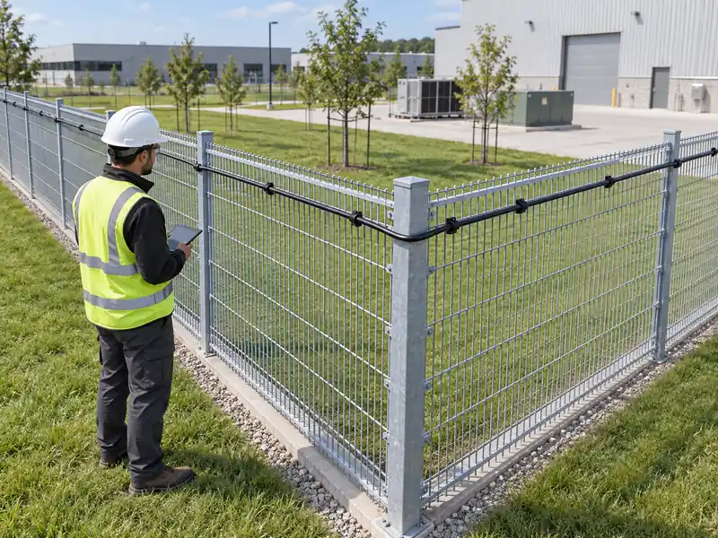 Illustration of an engineer reviewing sensing cable geometry around a perimeter fence corner Illustration of an engineer reviewing sensing cable geometry around a perimeter fence corner