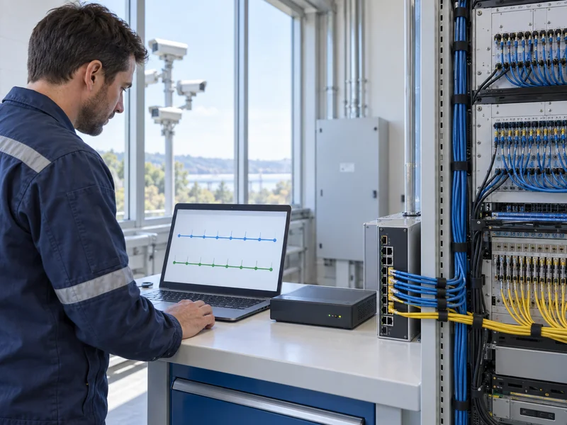 Illustration of a technician checking a common time reference for sensing and video equipment Illustration of a technician checking a common time reference for sensing and video equipment