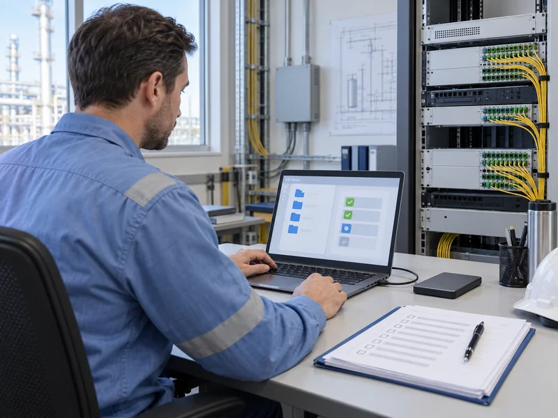 Illustration of an engineer recording a DAS configuration backup beside a sensing rack Illustration of an engineer recording a DAS configuration backup beside a sensing rack