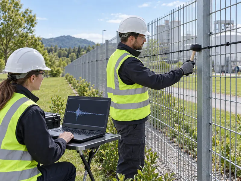 Illustration of technicians comparing a controlled fence disturbance with a DAS waveform Illustration of technicians comparing a controlled fence disturbance with a DAS waveform