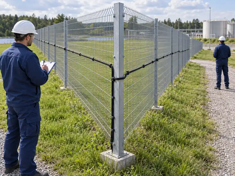 Illustration of engineers recording field observations beside differently oriented fence sections Illustration of engineers recording field observations beside differently oriented fence sections