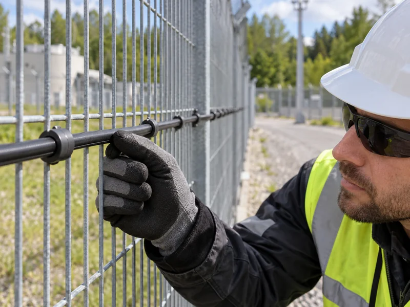 Illustration of a technician inspecting fiber sensing cable attachment to a security fence Illustration of a technician inspecting fiber sensing cable attachment to a security fence
