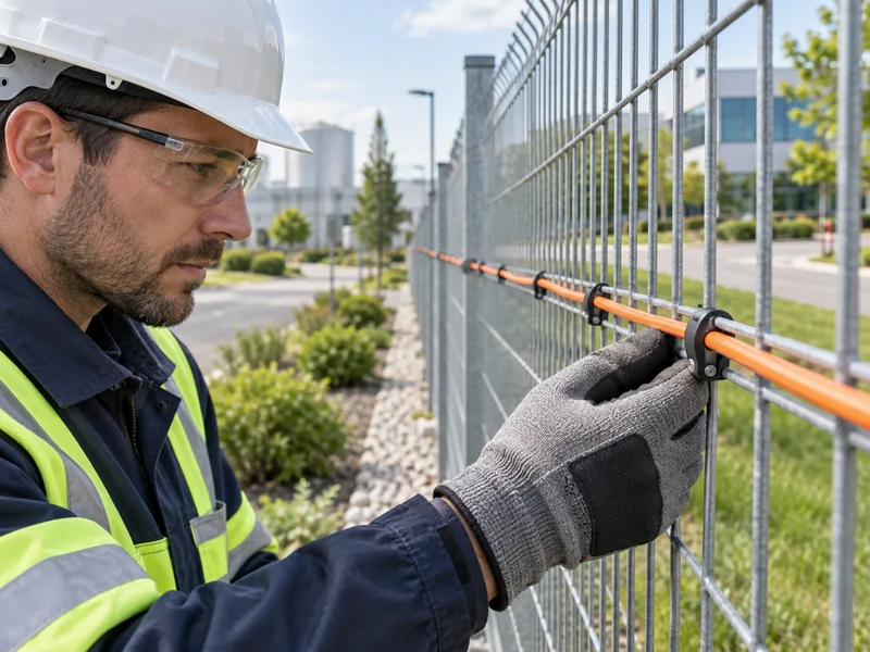 Illustration of a technician checking sensing cable attachment on a perimeter fence