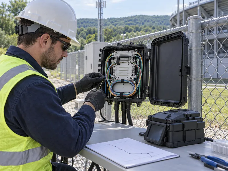 Illustration of a technician inspecting a fiber splice enclosure beside a perimeter fence Illustration of a technician inspecting a fiber splice enclosure beside a perimeter fence