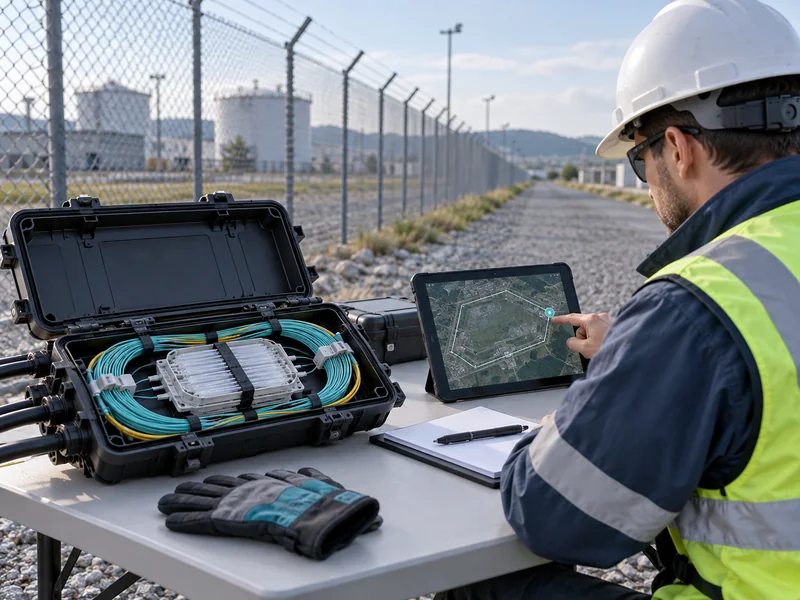 Illustration of a fiber repair technician checking a splice and route location map