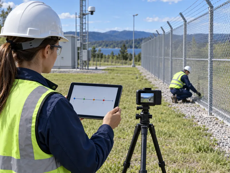 Illustration of technicians recording a controlled perimeter event for alarm timing verification
