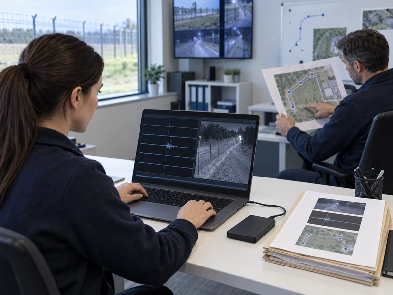 Illustration of analysts assembling DAS alarm records with route context and video evidence Illustration of analysts assembling DAS alarm records with route context and video evidence