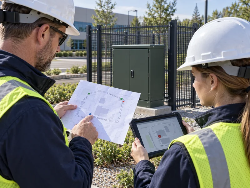 Illustration of engineers comparing a repaired fiber route drawing with an alarm map Illustration of engineers comparing a repaired fiber route drawing with an alarm map