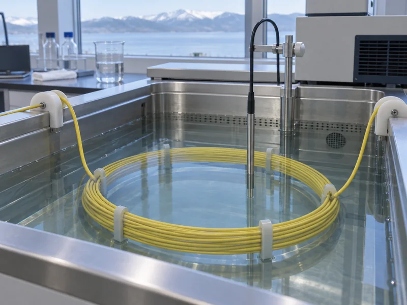 Illustration of a fiber sensing coil and reference thermometer in a DTS calibration bath