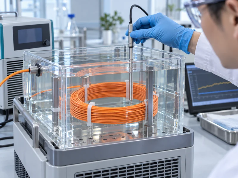 Illustration of a fiber coil and reference thermometer in a controlled calibration bath