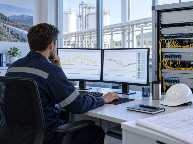 Illustration of an engineer reviewing temperature profiles in an industrial monitoring room Illustration of an engineer reviewing temperature profiles in an industrial monitoring room