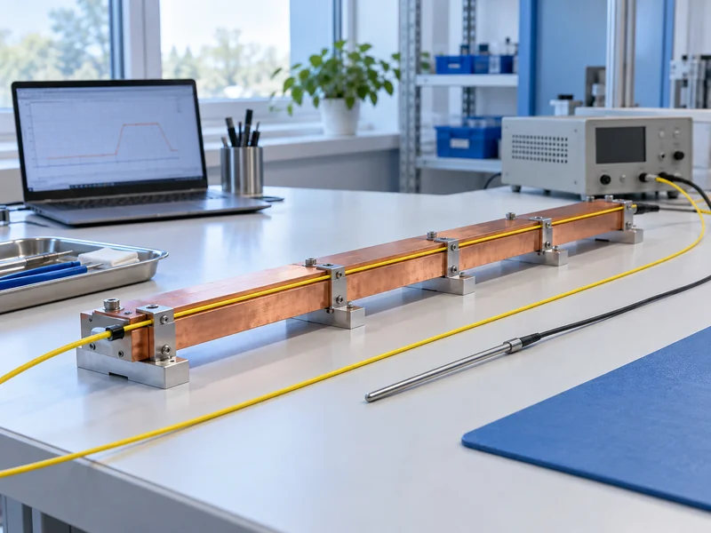 Illustration of a long heated fiber section and independent reference probe on a test bench Illustration of a long heated fiber section and independent reference probe on a test bench