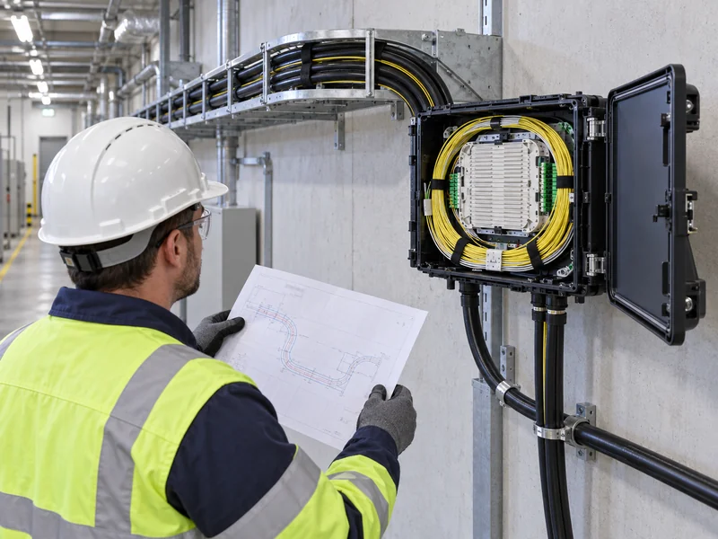 Illustration of a technician inspecting a fiber turnaround enclosure and route drawing Illustration of a technician inspecting a fiber turnaround enclosure and route drawing