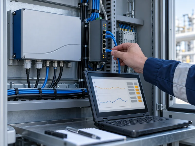 Illustration of a technician checking a DTS network connection and data display Illustration of a technician checking a DTS network connection and data display