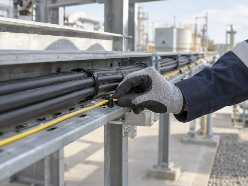Illustration of a technician checking DTS sensing cable mounting in an industrial tray