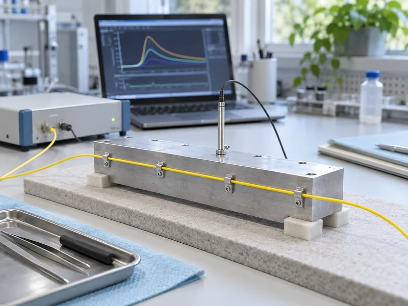 Illustration of a DTS sensing cable and reference probe on a laboratory thermal test block