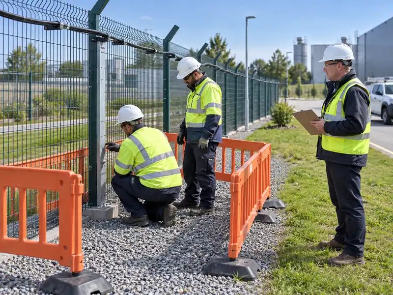 Illustration of technicians coordinating fence maintenance within a defined work area Illustration of technicians coordinating fence maintenance within a defined work area