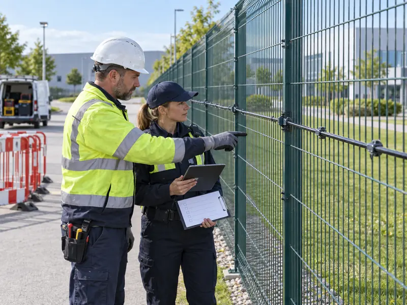 Illustration of a maintenance technician and security supervisor checking a repaired sensing fence Illustration of a maintenance technician and security supervisor checking a repaired sensing fence