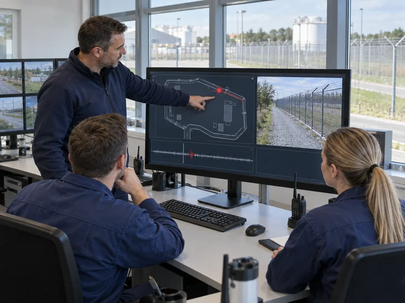 Illustration of a trainer teaching operators to interpret a perimeter alarm interface Illustration of a trainer teaching operators to interpret a perimeter alarm interface