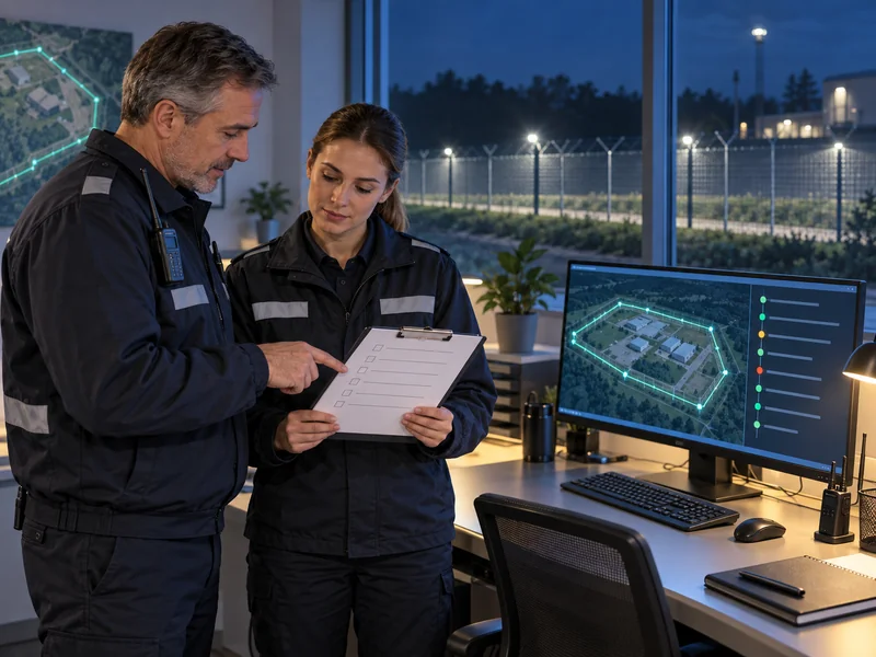 Illustration of security operators reviewing a shift handover checklist and perimeter event records Illustration of security operators reviewing a shift handover checklist and perimeter event records
