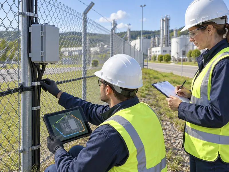 Illustration of technicians verifying a completed stage of a perimeter sensing upgrade Illustration of technicians verifying a completed stage of a perimeter sensing upgrade