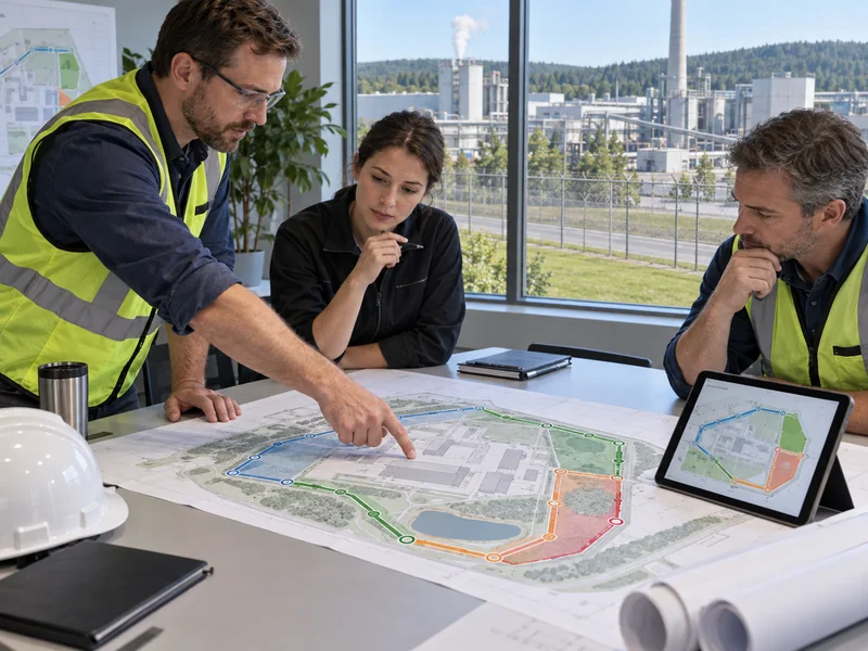 Illustration of engineers planning staged perimeter upgrades with a site coverage drawing Illustration of engineers planning staged perimeter upgrades with a site coverage drawing