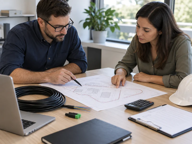 AI-generated illustration of engineers planning a DAS perimeter project budget