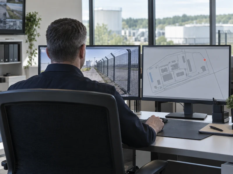 AI-generated illustration of an operator verifying a perimeter alarm using CCTV and a site map