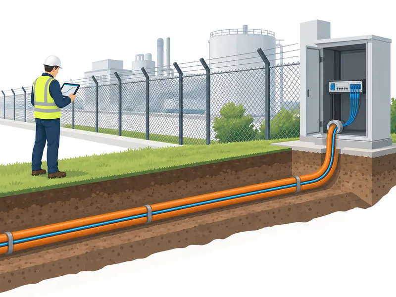 Conceptual illustration of an existing buried fiber route being assessed for perimeter sensing