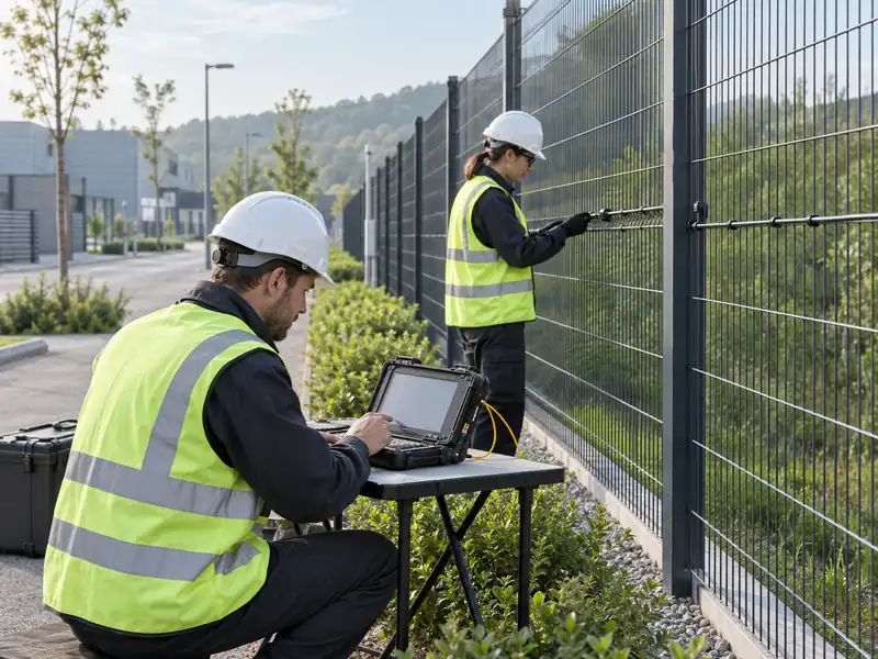 AI-generated illustration of engineers testing a fiber sensing route at a perimeter fence