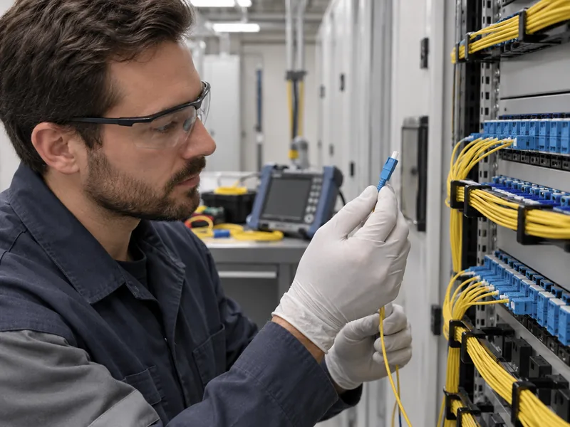 AI-generated illustration of a technician inspecting an existing fiber optic connection