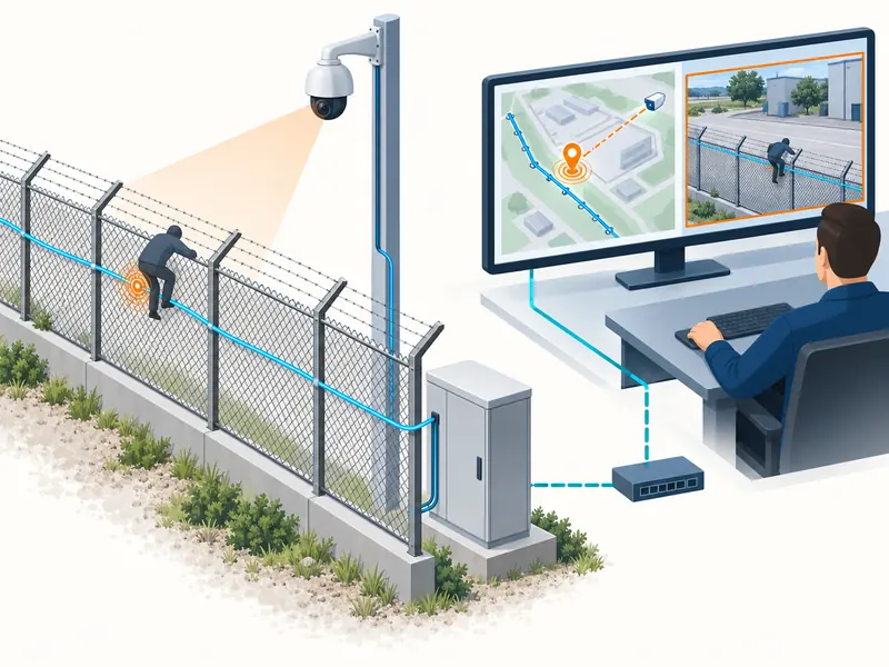 Conceptual illustration linking a fiber sensing alarm with a PTZ camera, video display and map location