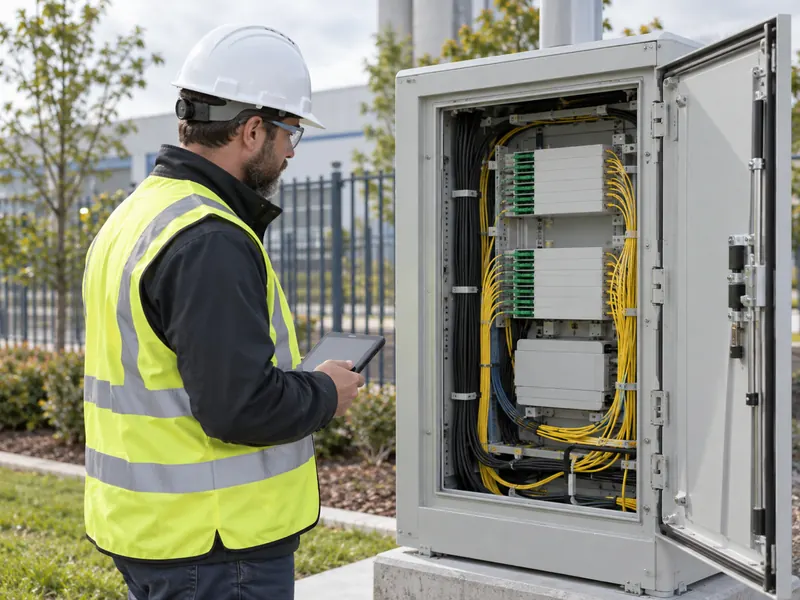 AI-generated illustration of a technician inspecting an outdoor fiber cabinet