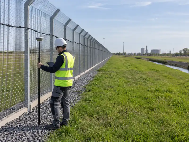 AI-generated illustration of an engineer surveying a long perimeter route