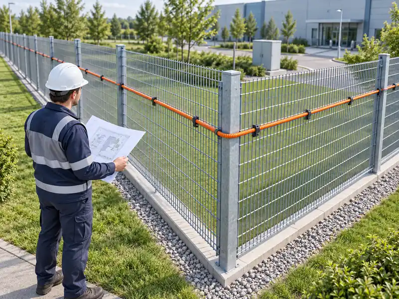 Illustration of sensing cable routes along differently oriented fence sections