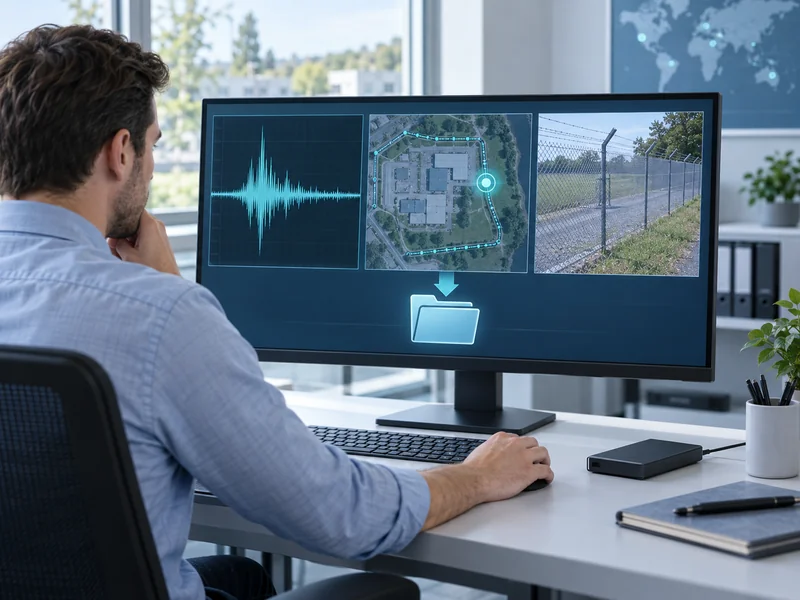 Illustration of an analyst reviewing archived sensing alarms and associated video evidence