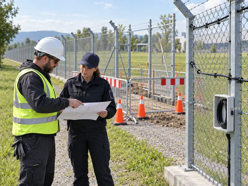 Illustration of coordinated fence repair with a clearly separated temporary work area