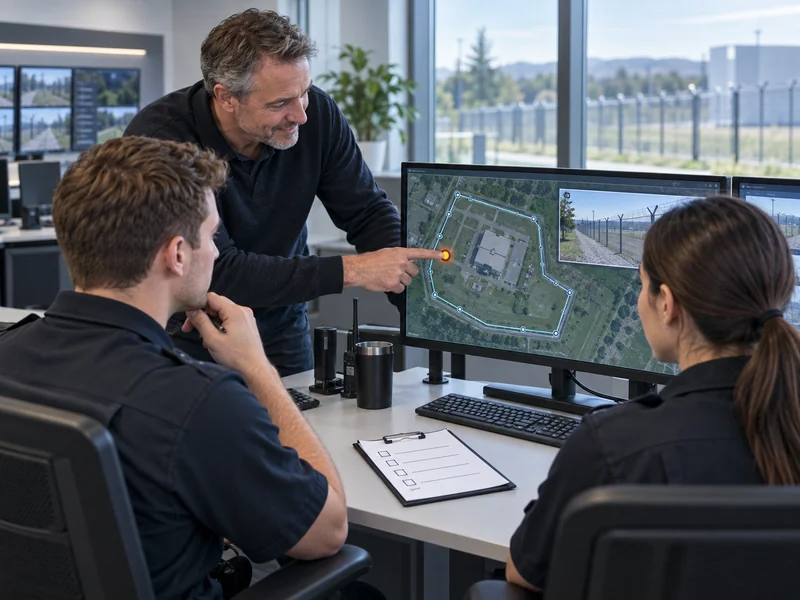 Illustration of a trainer guiding security operators through a perimeter alarm handover