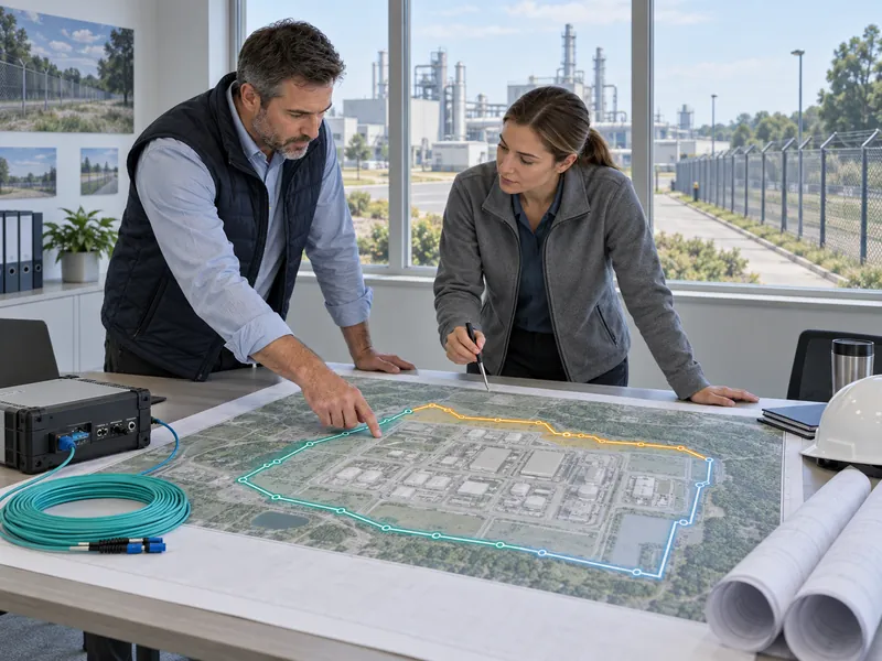 Illustration of engineers reviewing staged perimeter upgrades on a site plan