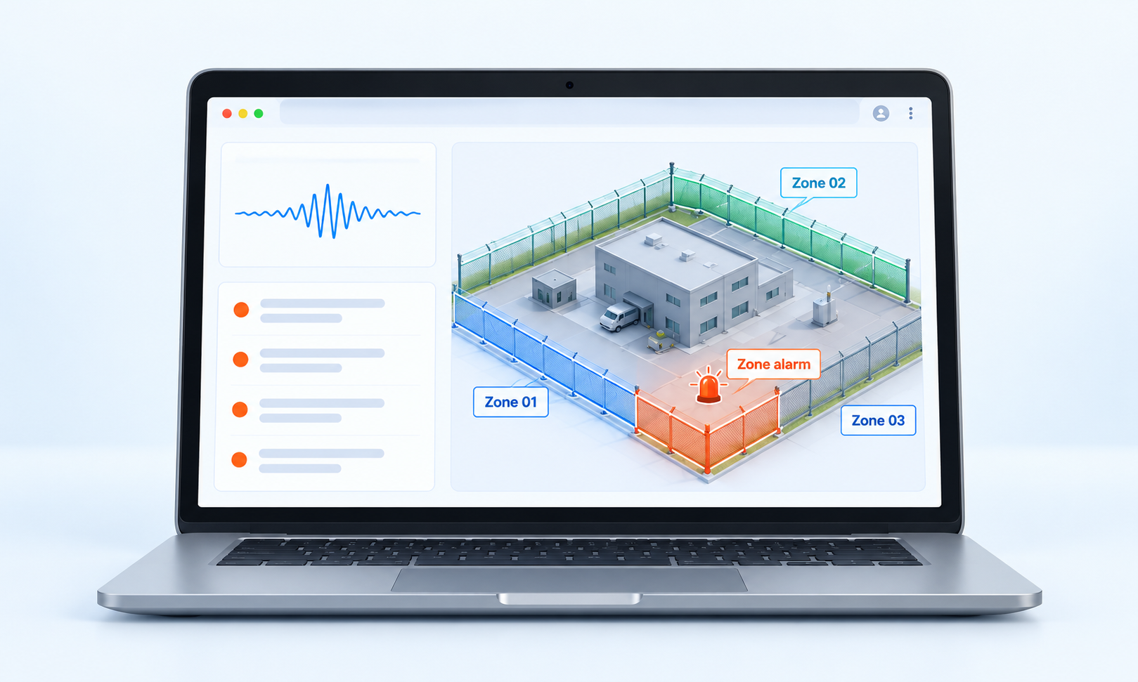 Illustrative browser interface with perimeter zones, waveforms and alarm records
