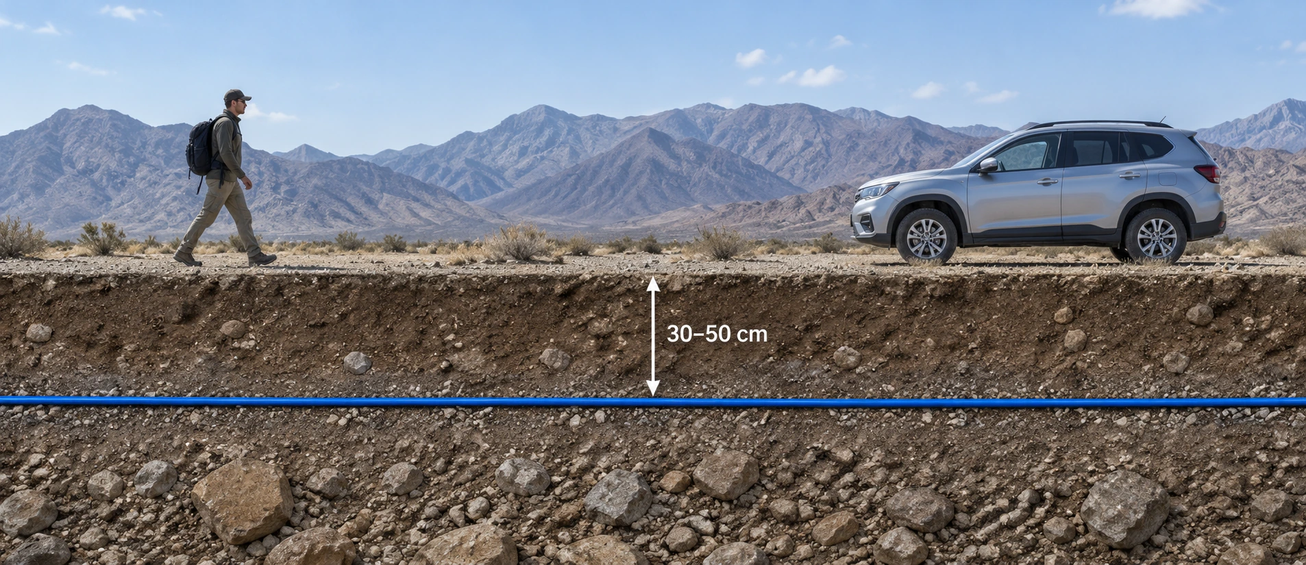 Buried sensing fiber installation at a typical depth of 30–50 cm